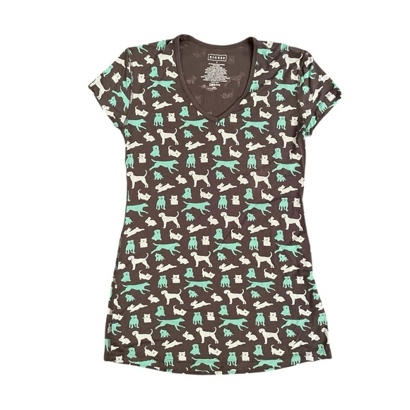 KICKEE PANTS Pets Print V Neck Short Sleeve Tee in Gray and Turquoise - Picture 2 of 2